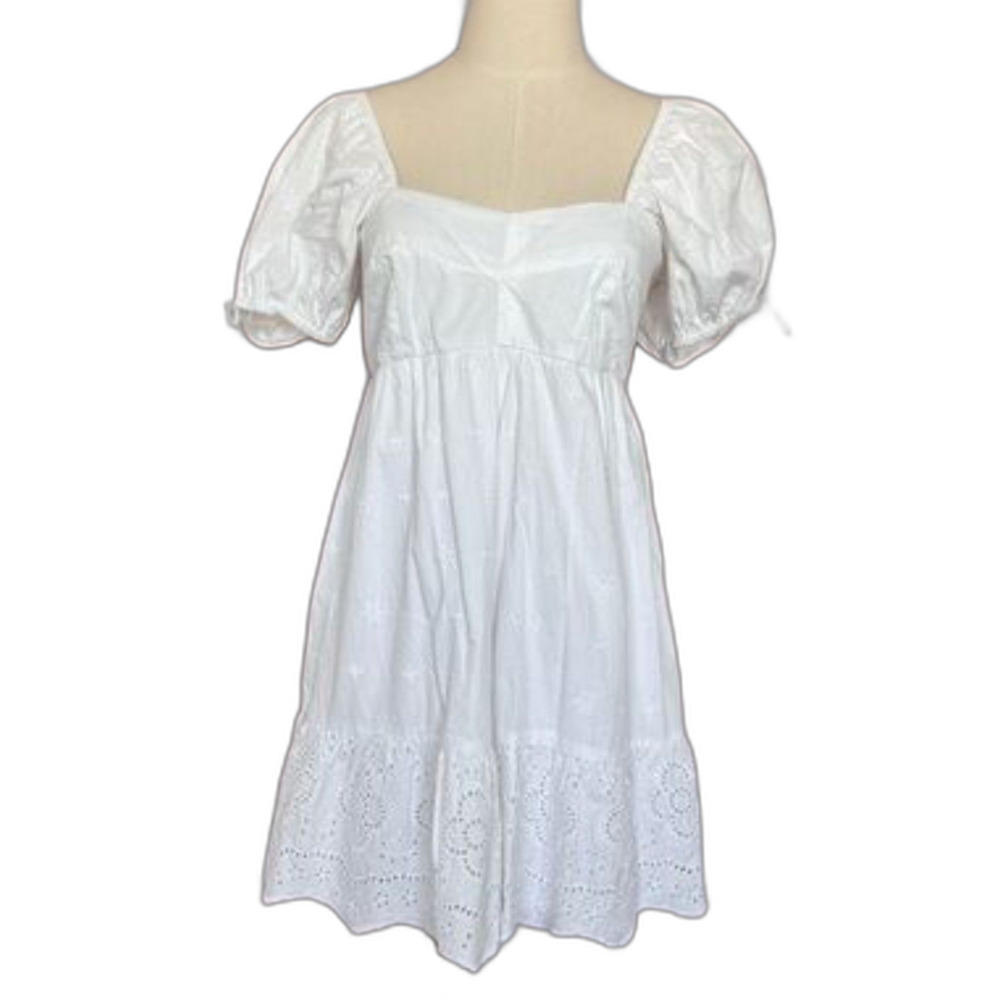 Sim & Sam | White Cotton Babydoll Sundress Lined Size XS Lace Eyelet Puff Sleeve
